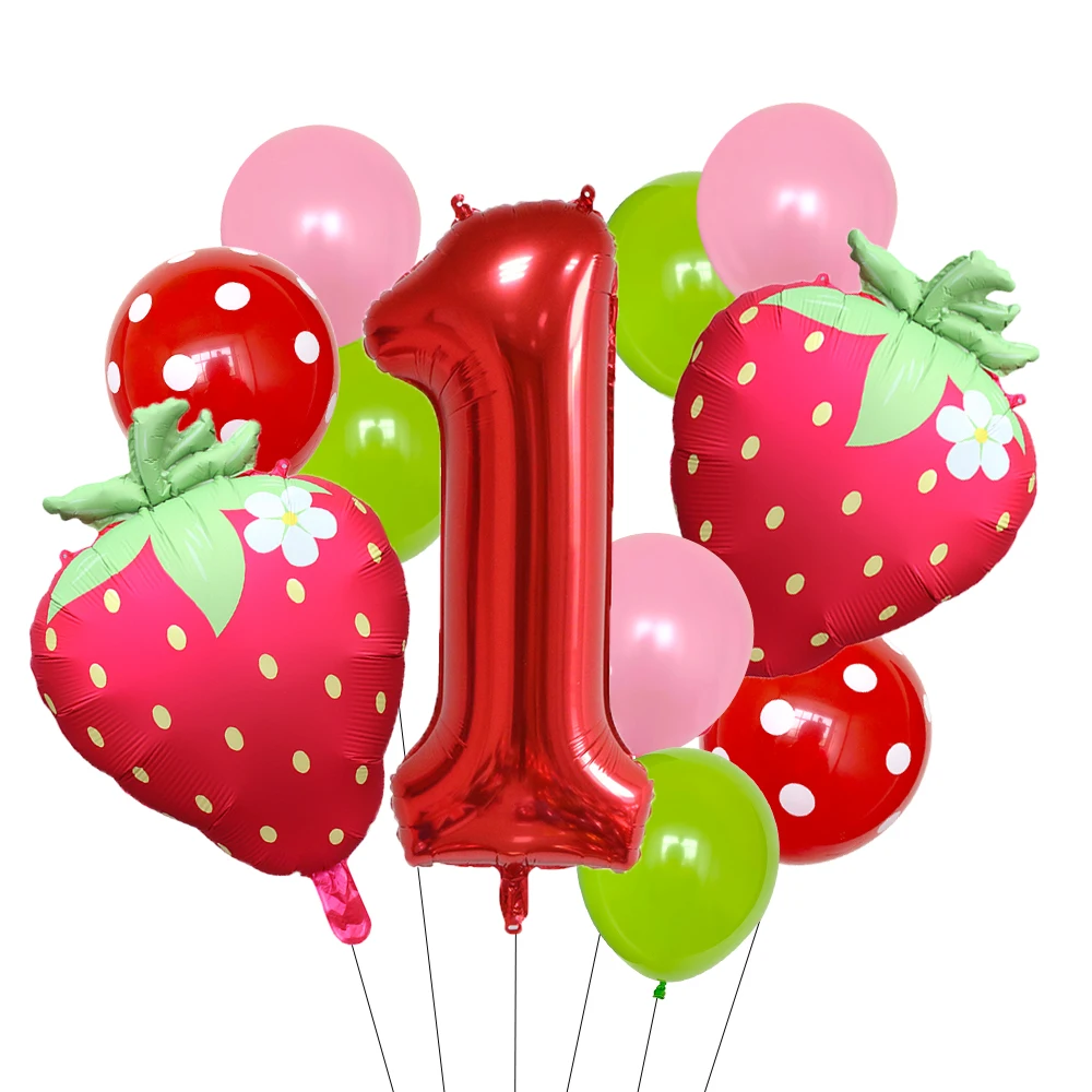 13-teiliges Erdbeer-Ballon-Set aus Aluminiumfolie mit gepunkteten Latexballons für Geburtstagsfeiern und Jubiläumsdekoration