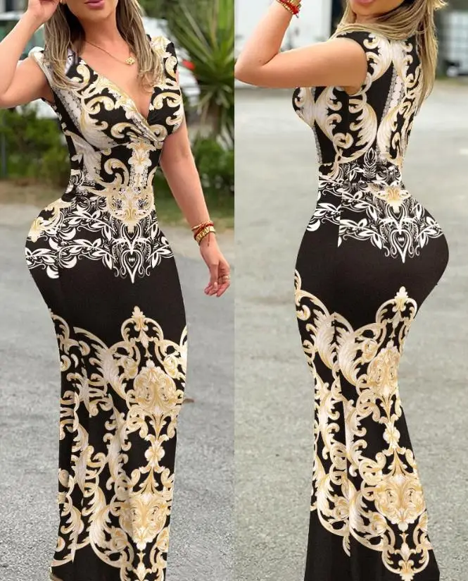 New Fashion 2023 Summer Casual Elegant Dresses for Women Sexy Baroque Print V-Neck Sleeveless Maxi Dress Female Clothing