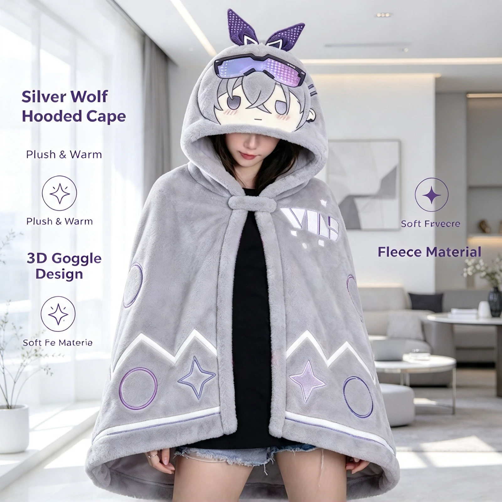 Silver Wolf Honkai Star Rail Plush, Cape Blanket Hooded Poncho Fleece Cloak, Soft Warm Shawl Anime Cosplay Gift, For Adults Girl