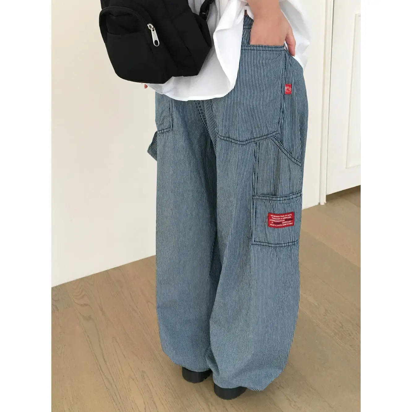 

High Waist Straight Leg Casual Pants Vertical Stripes Versatile Slimming Long Trousers for Young Women Blue Denim Jeans