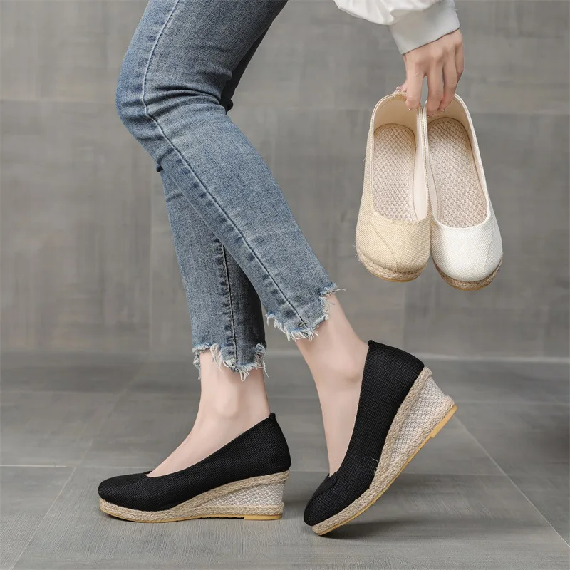 Veowalk Patchwork Women Linen 6cm High Heel Wedge Espadrilles Sandals Summer Comfortable Slip On Closed Toe Platform Shoes