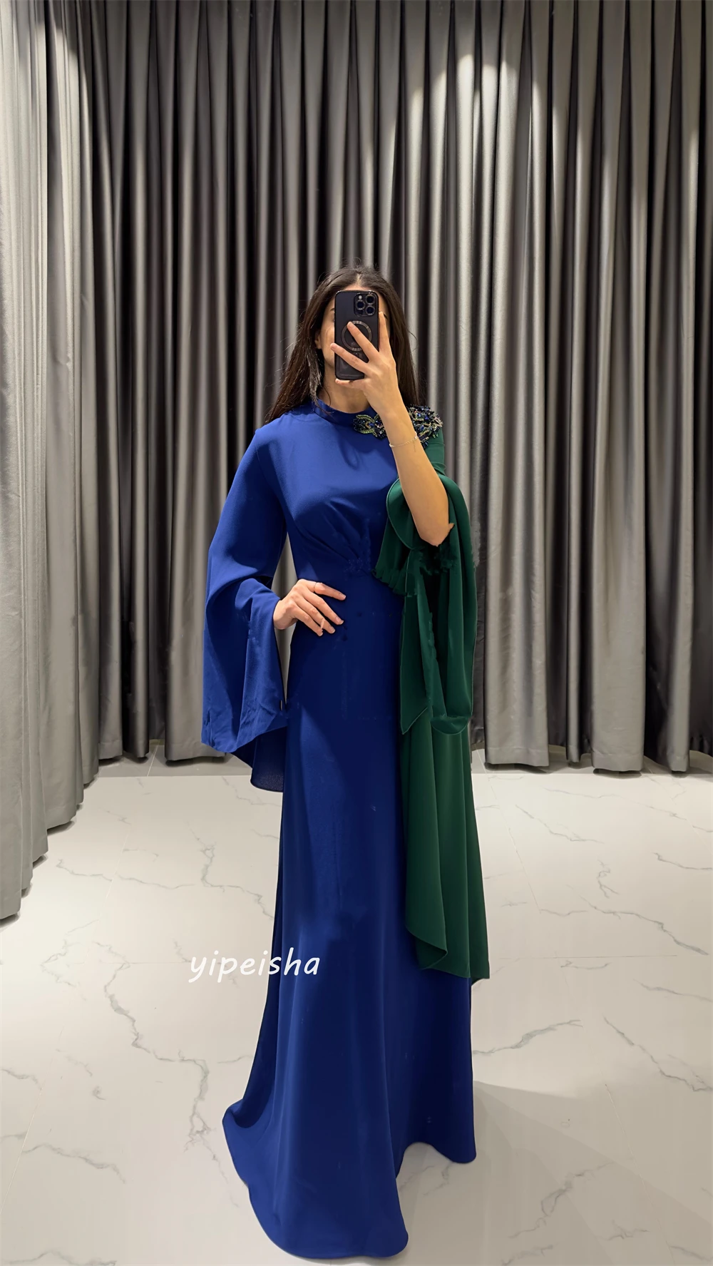 Jiayigong-Vestido largo de gasa con cuentas, traje drapeado con volantes, cuello alto, a medida, para ocasiones, Arabia Saudita