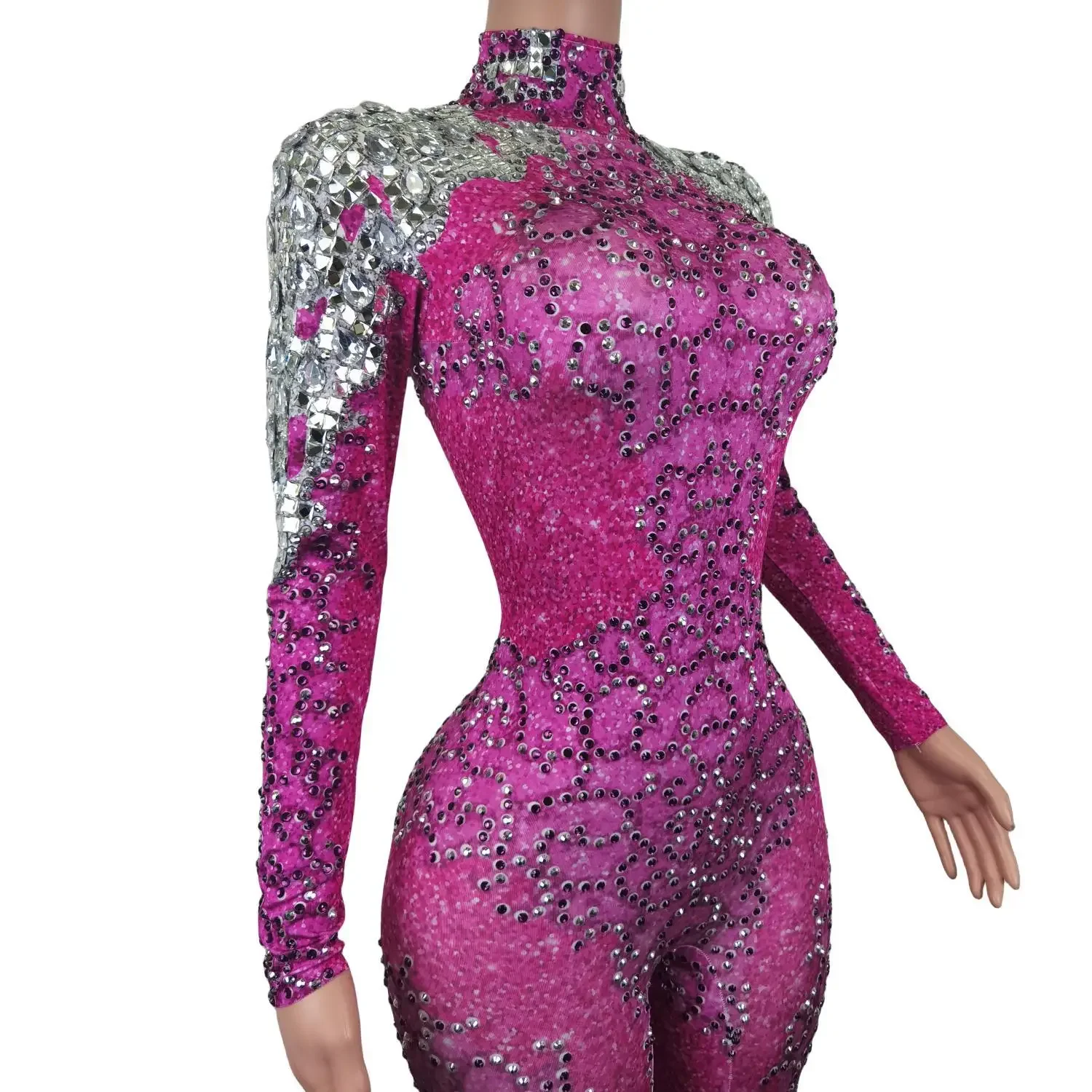 Shining Rhinestone Performance Costumes Party Prom Bodycon Jumpsuits Sexy Pink High Necked and Backless One Piece Bodysuit