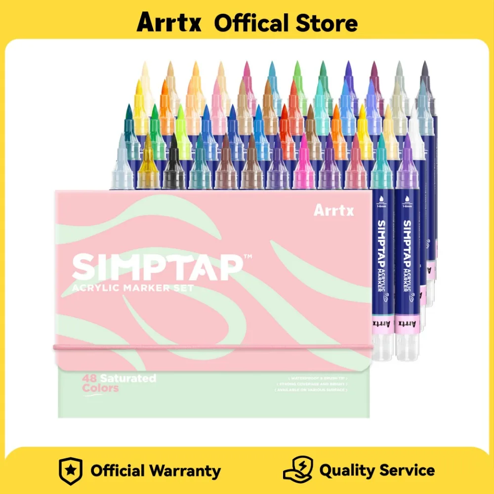 

Arrtx Valve Action Marker Pen 24/48 Colors Simptap Acrylic Paint Pens Water Based Paint Markers for Stone Glass Extra Brush Tip