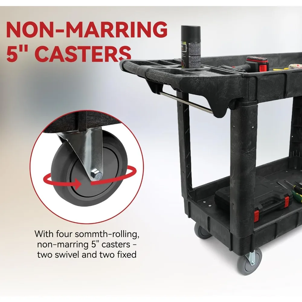 Carro utilitario con ruedas de 2 estantes, servicio resistente y carro de herramientas con ruedas, 40 x 17 pulgadas, capacidad de carga de 500 lb, ideal para garajes,