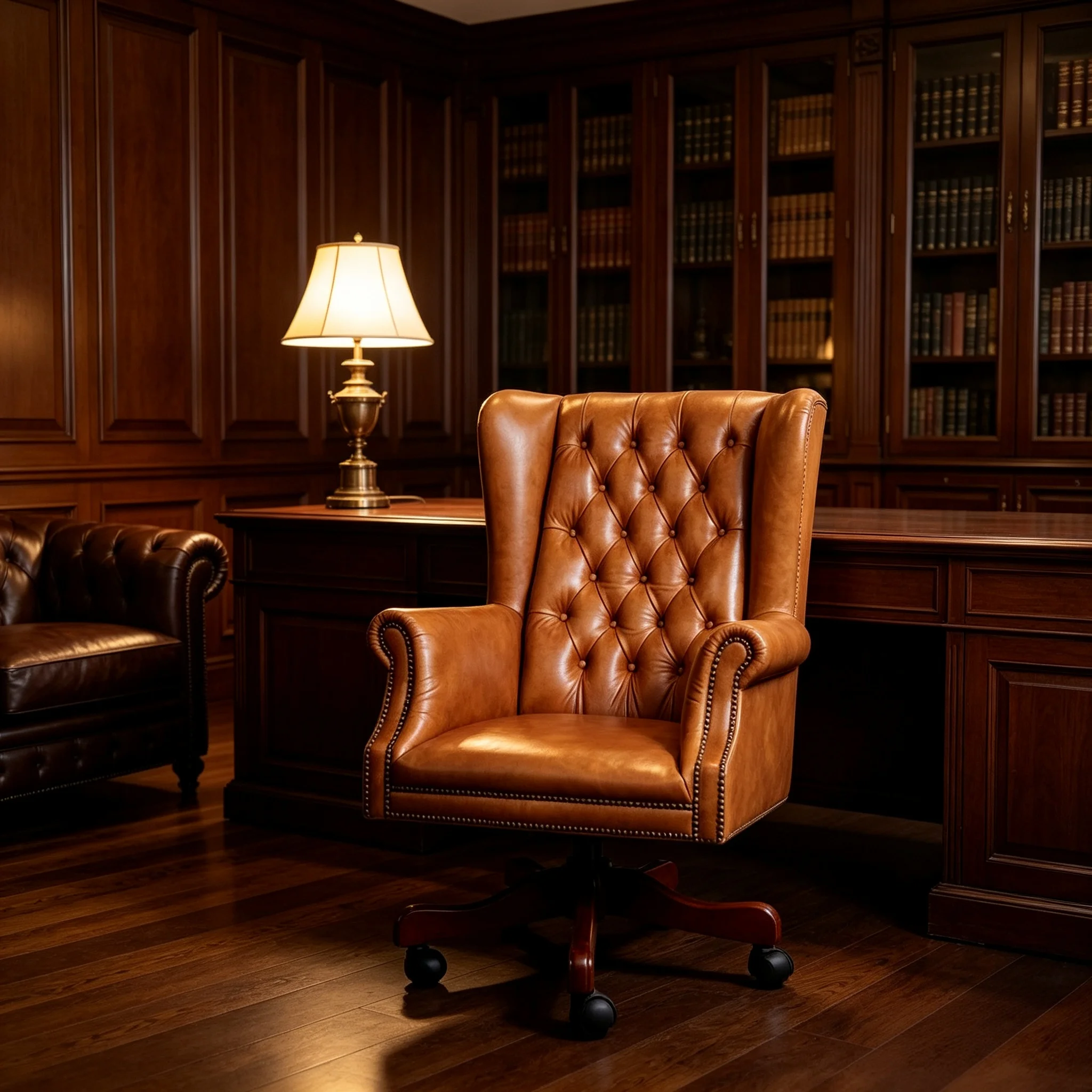 Vintage tufted leather wing-back office chair with stud head trim, height adjustable, rotatable