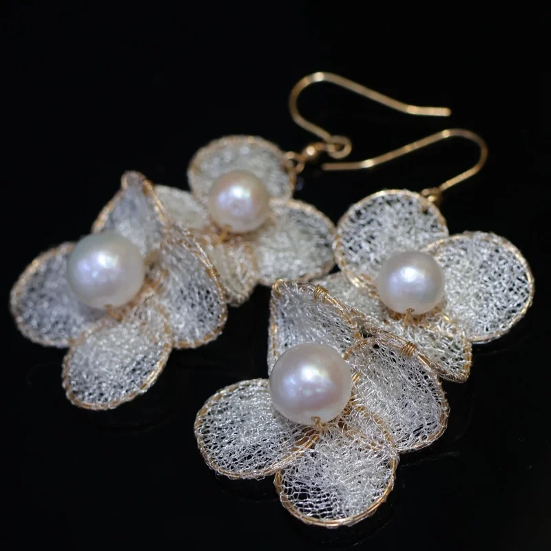 

SGARIT Trending Pearl Jewelry Italian Craftwork Flower 9-10mm 14k Filled Gold Natural Freshwater Earrings Jewellery For Party