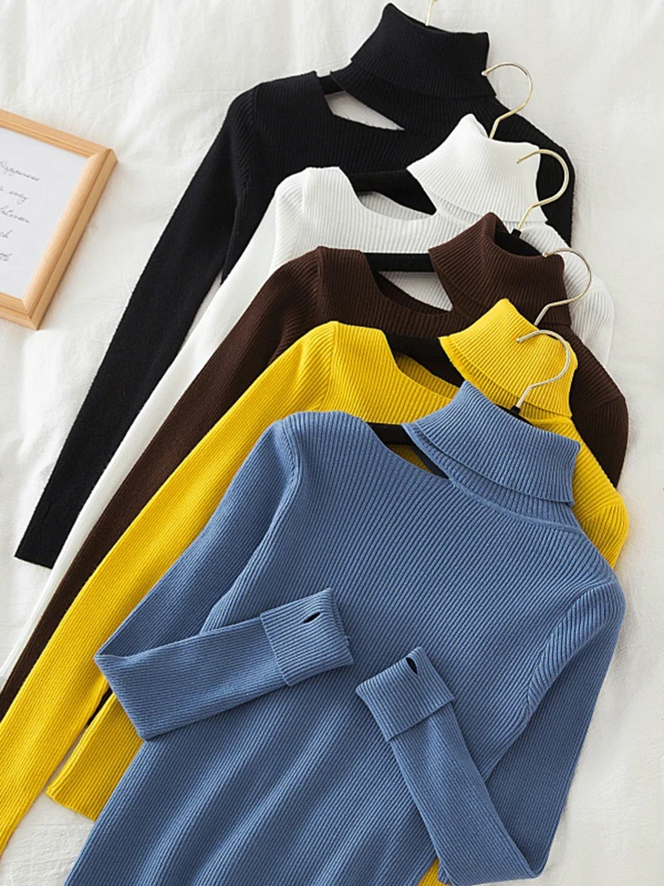 AOSSVIAO Off Shoulder Pullovers for Women Long Sleeve Turtleneck Knitted Sweater Female Jumper Clothing Korean Jumper Pull Femme