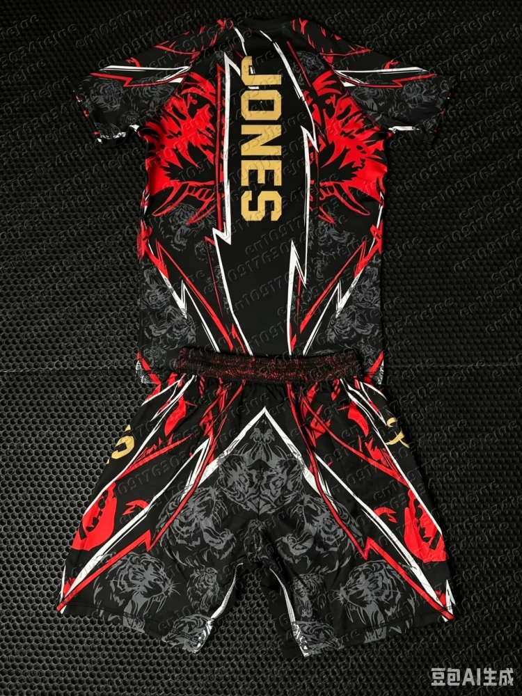Sommer-Top-Boxer-MMA-Oktagon-Käfig-Jon-Jones-T-Shirt-Shorts-Set für Herren und Kinder, Sport-Trainings- und Laufset, schnelltrocknendes Kampfset – Detail 4