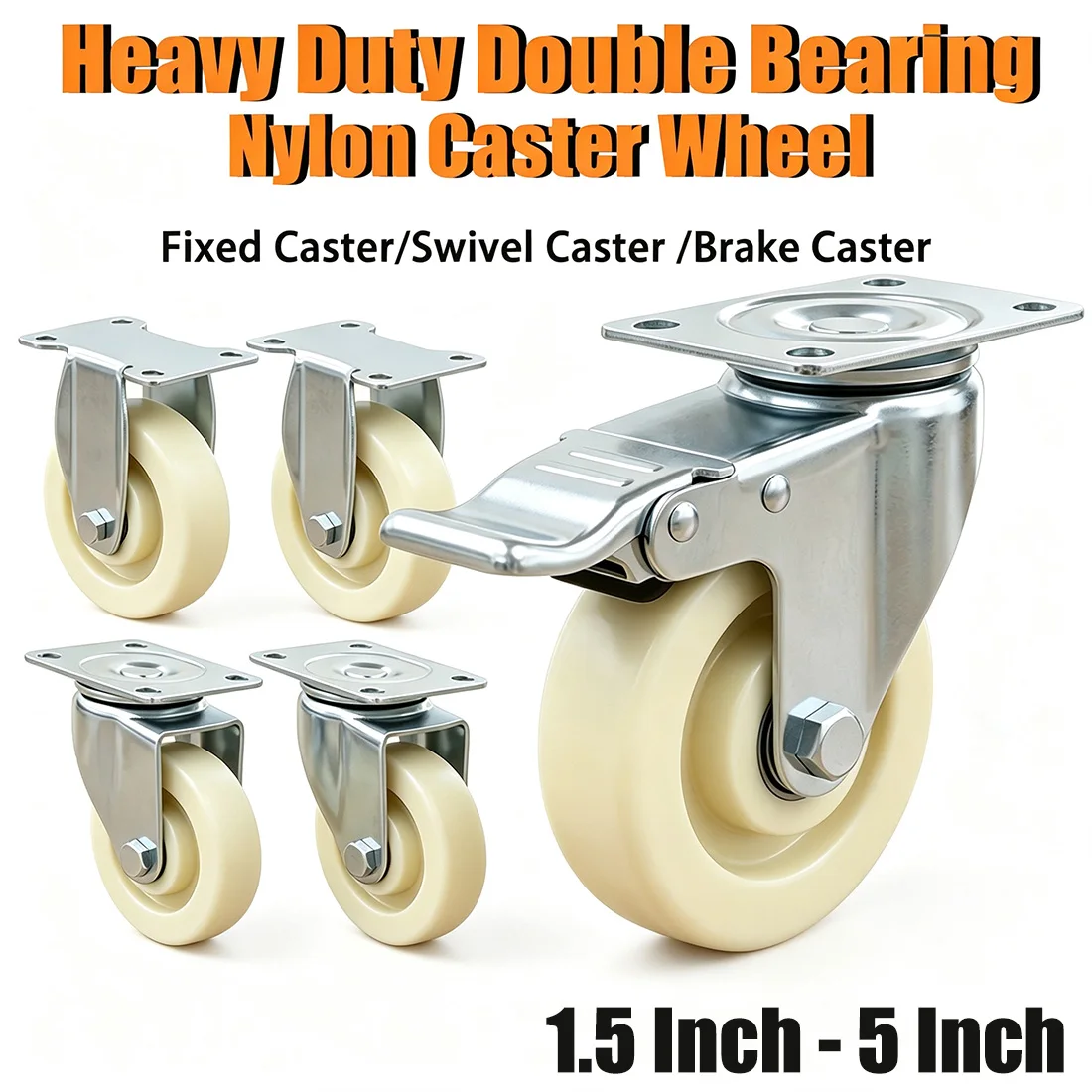 1Pc Nylon Furniture Caster 1.5 2 2.5 3 4 5 Inch Low Noise Fixed/Swivel/Brake Caster Industrial Casters For Trolley Accessories