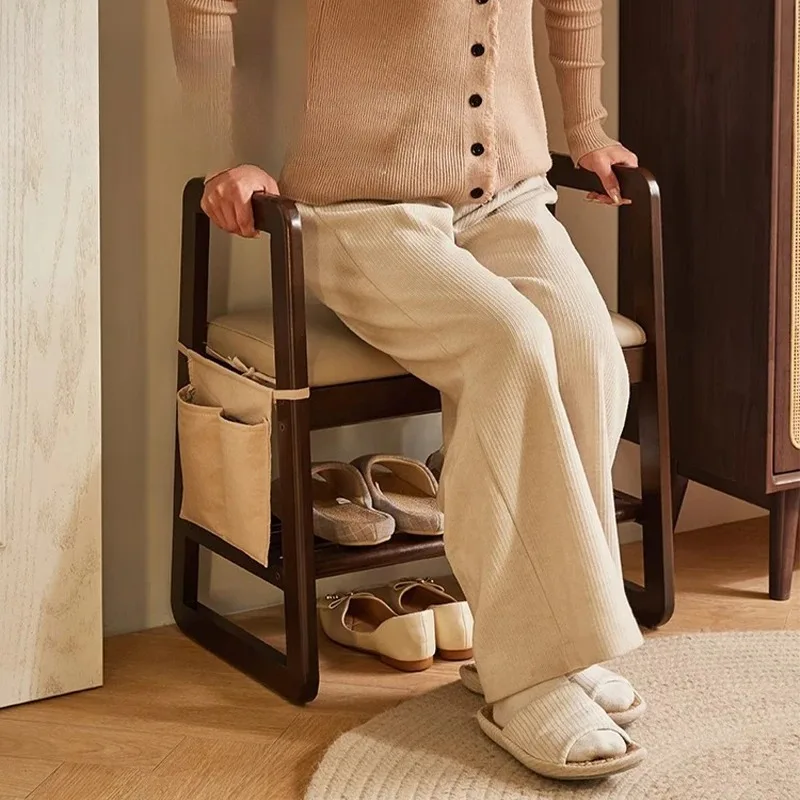 Solid Wood Armrest Shoe Bench Upholstered Entryway Stool Elderly Sitting Chair for Hallway Shoe Rack