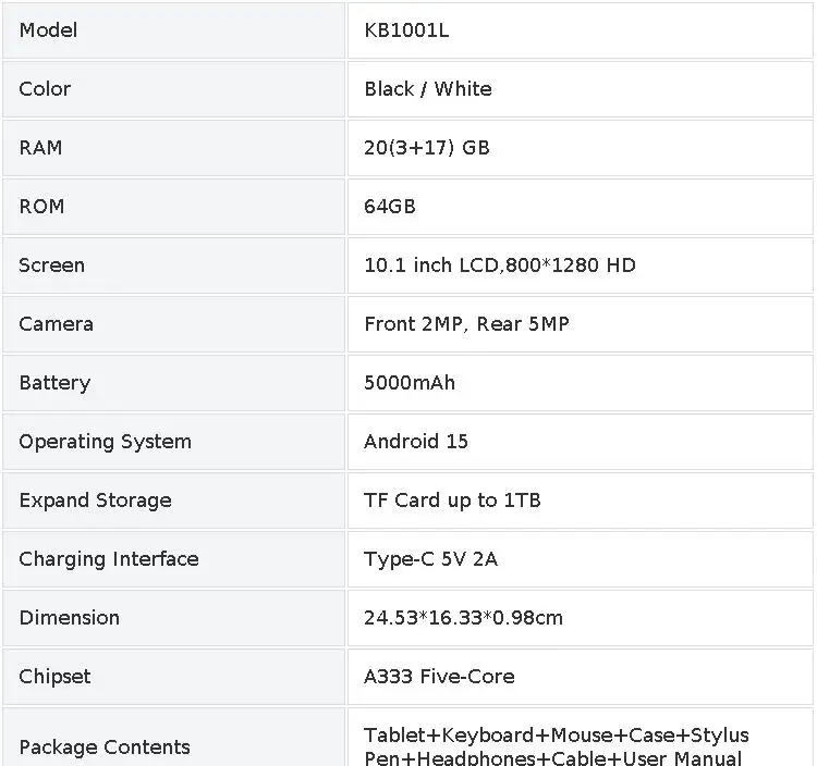 10.1 Inch Android 15 Tablet PC 20(3+17)GB RAM 64GB ROM A333 Five‑Core HD LCD 5000mAh Adult Tablet Full Set with Keyboard Mouse Case Stylus Pen Headphones Black White