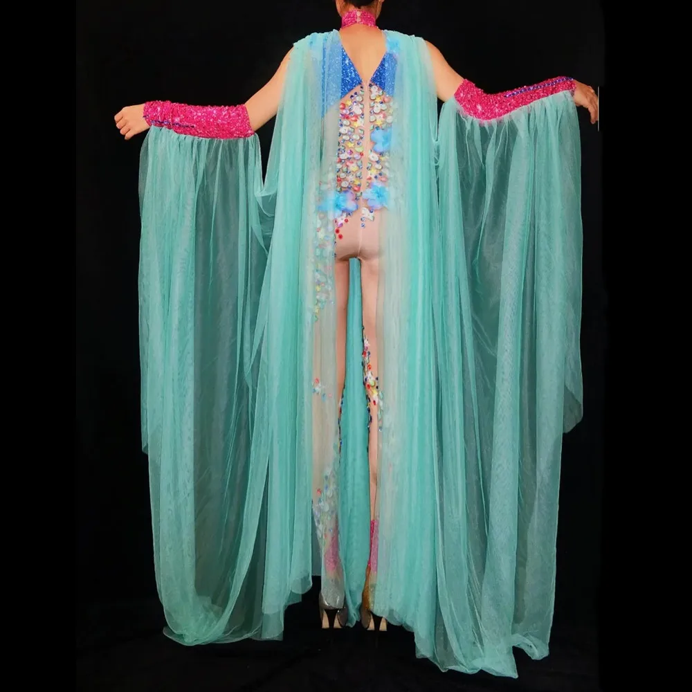 Kolorowy Kryształowy Kombinezon z Kwiatami dla Piosenkarki, Tancerki, na Koncert, Występ Sceniczny, Imprezę, Kostium Drag Queen