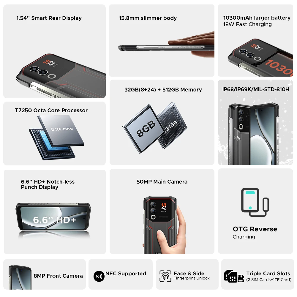 Global Version DOOGEE Blade20 Ultra Rugged Phone 8GB 512GB Rear Display 10300mAh Battery 6.6” HD+ 50MP Camera NFC Smartphone