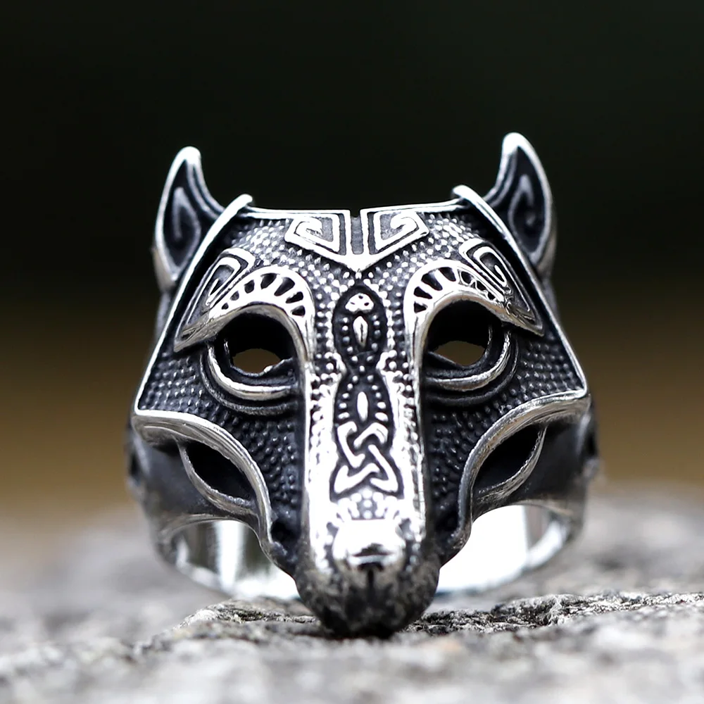 Neuer Wikinger-Ring im gotischen Stil aus Edelstahl für Männer, nordischer Dreifaltigkeits-Wolfskopf, Eheringe, Schmuck, Geschenk für den Freund, kostenloser Versand
