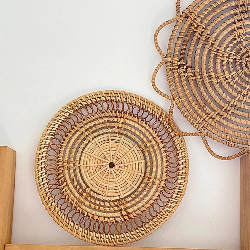 Rattan Wall Hanging Woven Plate Wall Decoration Boho Straw Rattan Round Basket Decoration Rustic Farmhouse Hanging Home Decor