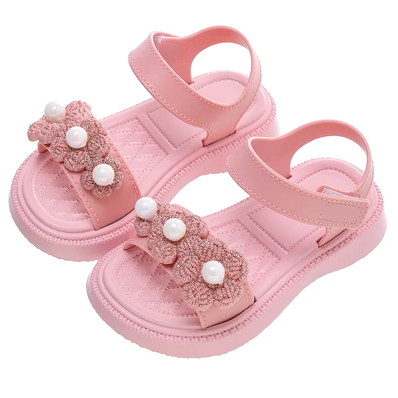 Sandálias infantis de praia com flores de pérola, sapato esportivo antiderrapante, sapato infantil casual, sapato menina, novo, verão