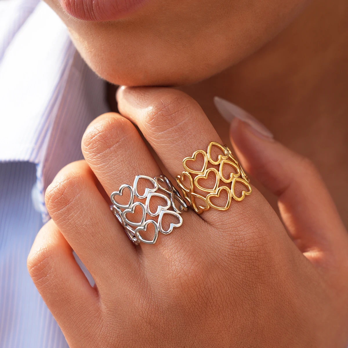 Exquisite Ausgehöhlte Herz-Edelstahlringe für Frauen Mädchen Ästhetischer Offener Fingerring Mode Romantischer Schmuck Trend