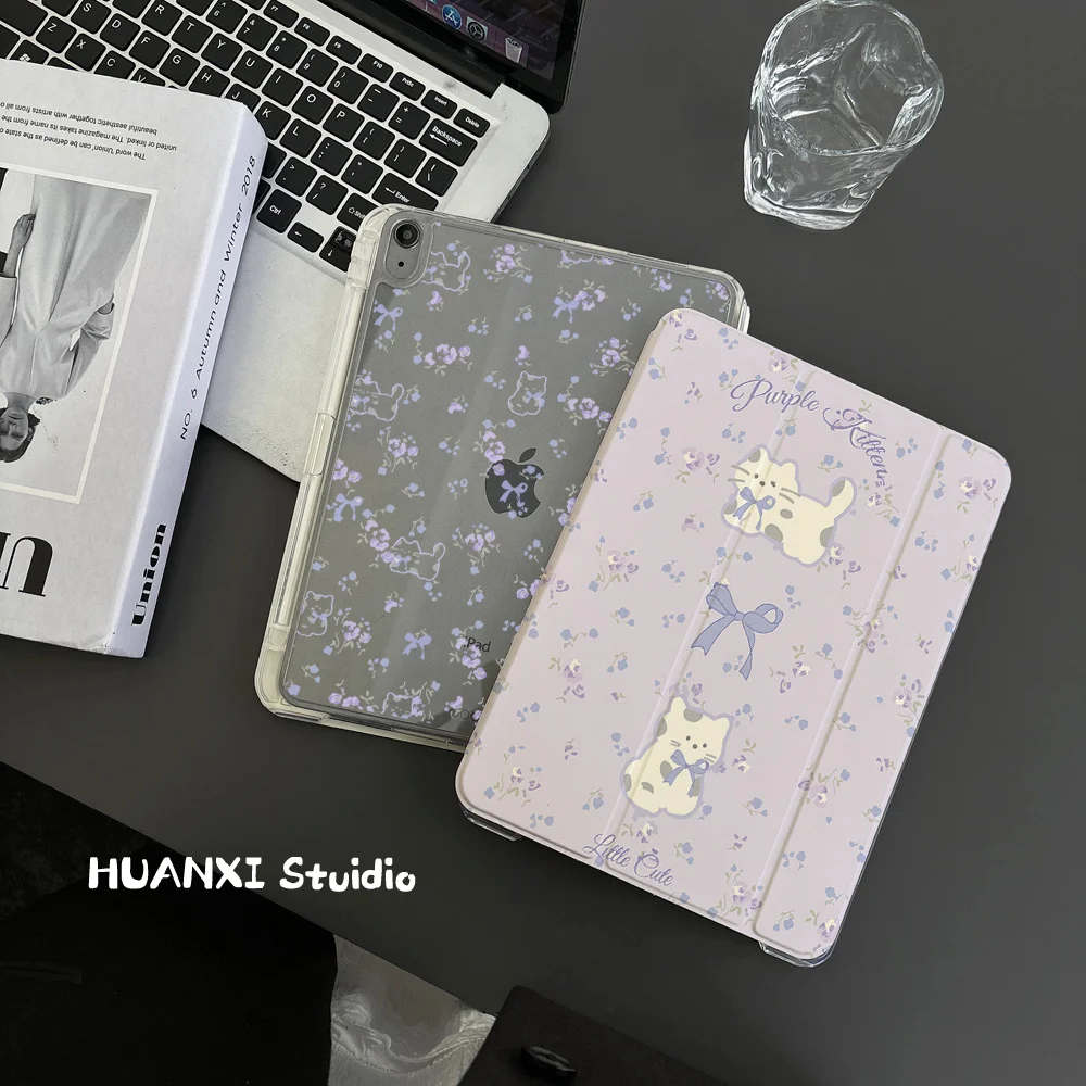 غطاء حماية قابل للفصل لجهاز آيباد مع مسار انزلاقي، تصميم زهور بنفسجية مع قطة، متوافق مع آيباد برو 3 إصدار 2025، مضاد للانحنا...