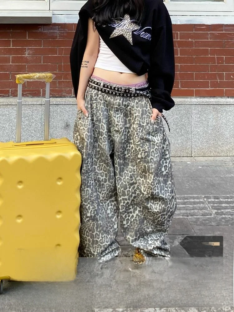 American Lazy Sle Small Size Leopard Print High Waist Wide Leg Jeans Women's Autumn Winter New Retro Loose Fit Trousers