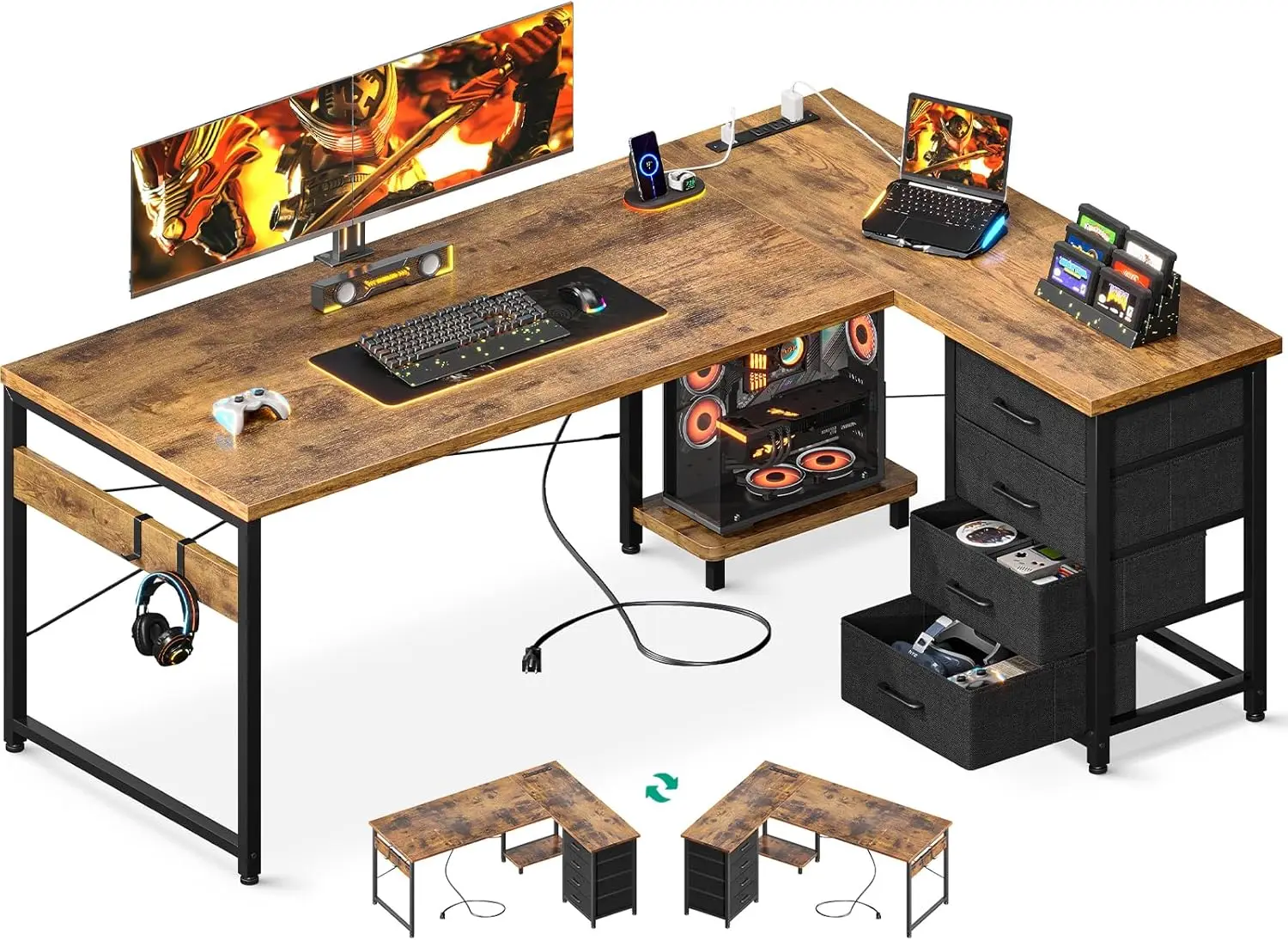 

61'' L Shaped Desk with 4 Drawers, Reversible Corner Desk with Storage, Gaming Table with Power Outlets, USB Ports,PC Case Shelf