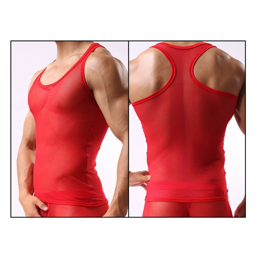보디 빌딩 Sheer Fishnet Tee Fishnet Singlet Top Men See Through Tank 매끄러운 쉬어 디자인 세련된 캐주얼웨어