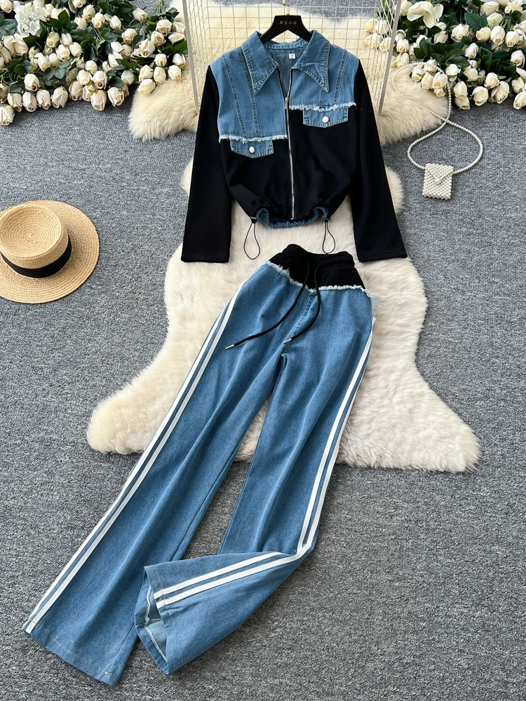 

Модный комплект из джинсов с высокой талией и прямым кроем: женский осенне-зимний костюм из джинсового топа с длинным рукавом и брюк, двухсоставный комплект, утягивающий силуэт.