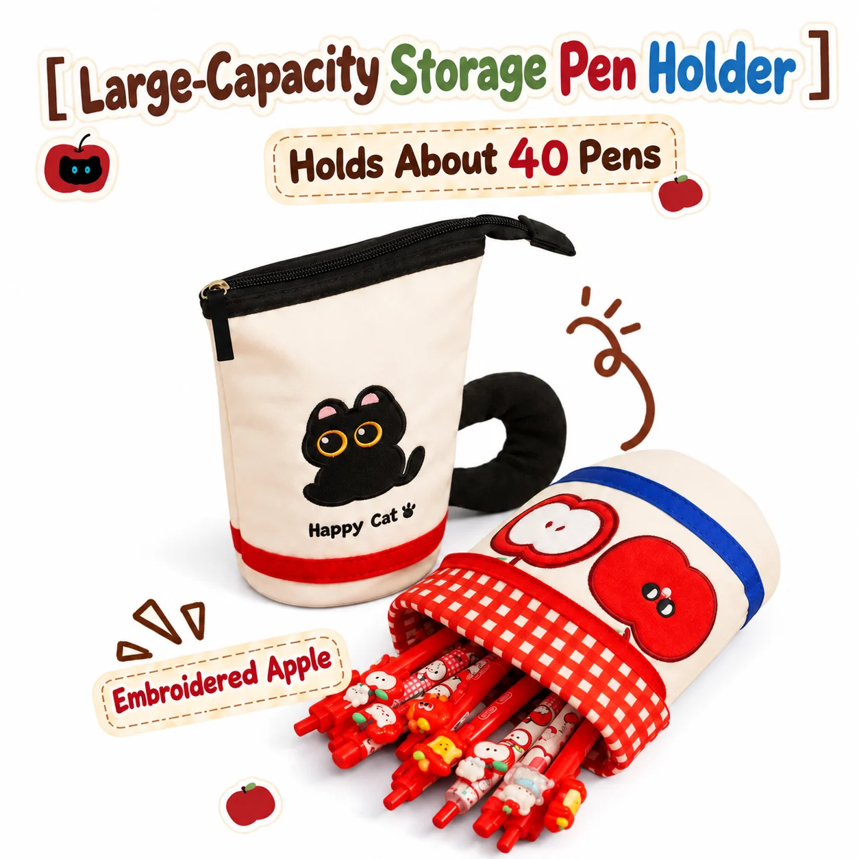 Large Capacity Pencil Case Cute Cat Apple Embroidered Pen Holder 2-in-1 Foldable Pencil Pouch with Zipper for School Students St