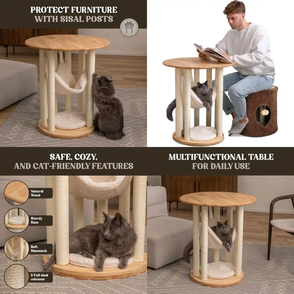

Multifunctional Living Room Coffee Table – Boho Oakwood Table with Hammock and Scratching Posts for Cats and Kittens – Ideal for
