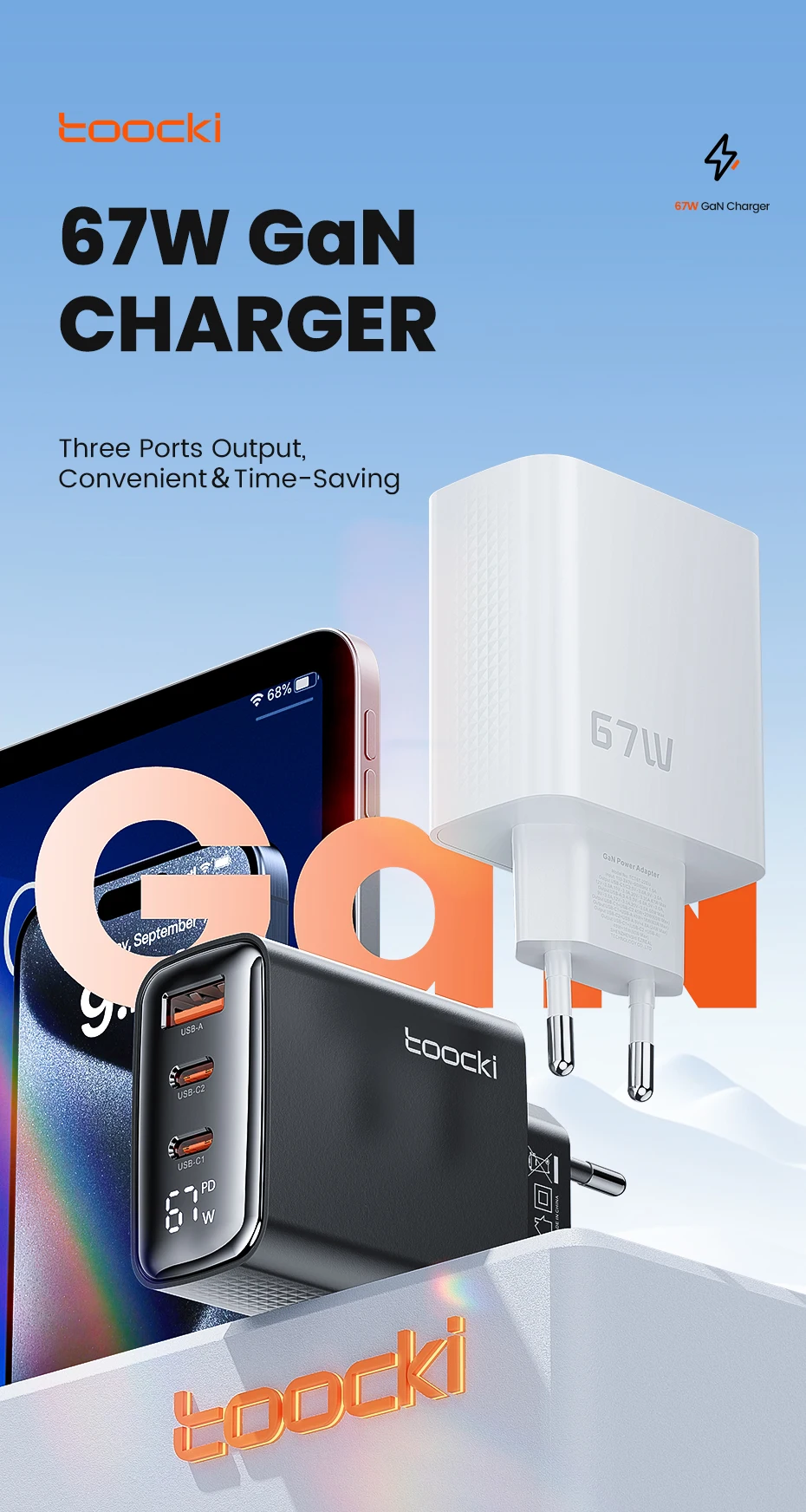 Toocki 67W GaN USB Fast Charger PD 65W 45W PPS Digital Display Type C Quick Charger For iPhone 15 16 17 Samsung S23 S24 Macbook