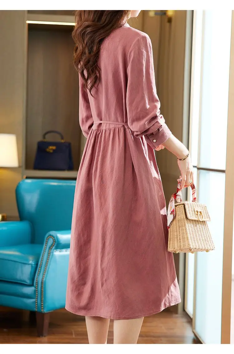 ربيع الخريف بلون بدوره إلى أسفل طوق كم طويل ميدي فستان المرأة شارع العليا القطن القنب فساتين الدانتيل زر جلد رداء