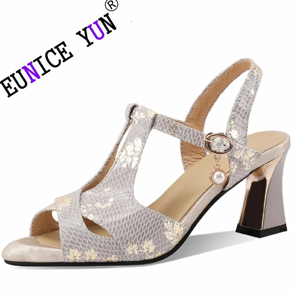 

【EUNICE YUN】Elegant Women Genuine Leather Sandals Flower Heels Office Party Summer Buckle T Strap Ladies Shoes 34-40