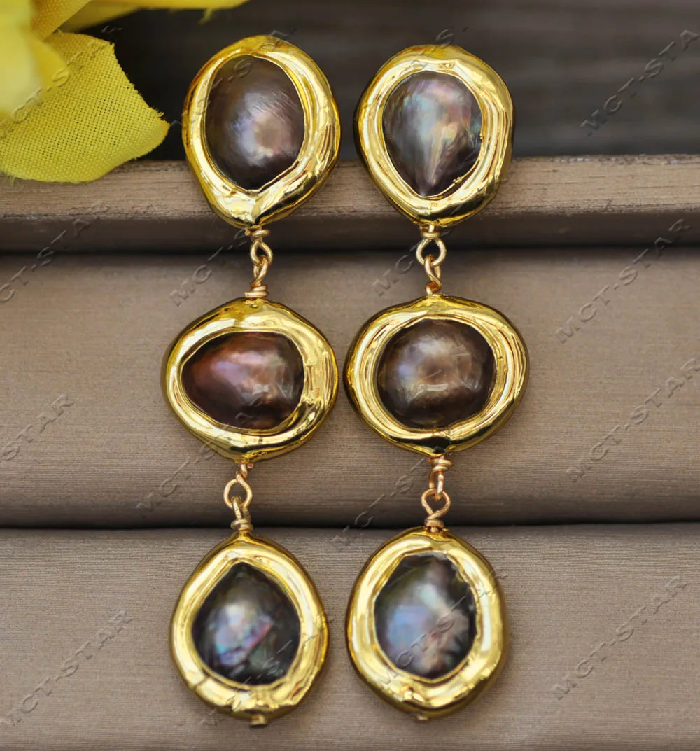 Z13118 18mm Gold plated Almost Round Black Pearl Dangle Earring