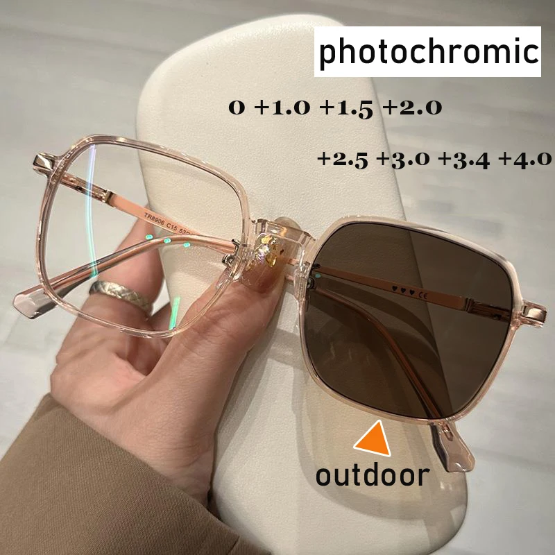 

Anti Blue Light Women Men Photochromic Reading Glasses Unisex Oversized Square Hyperopia Eyeglasses Optical Prescription Glasses