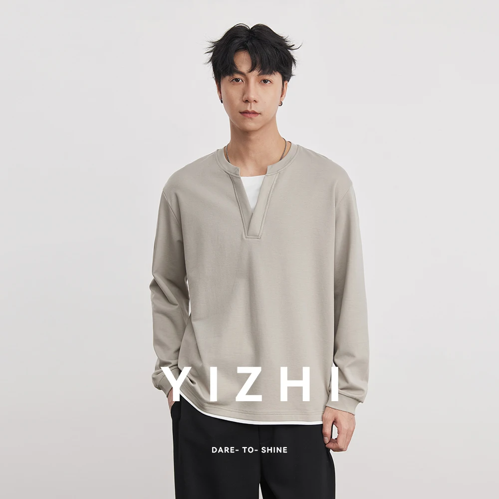 Japanese Simple Fake Two-piece Henry Collar Sweatshirt Men Spring Loose Long-sleeved T-shirt Casual Versatile Men's Clothing
