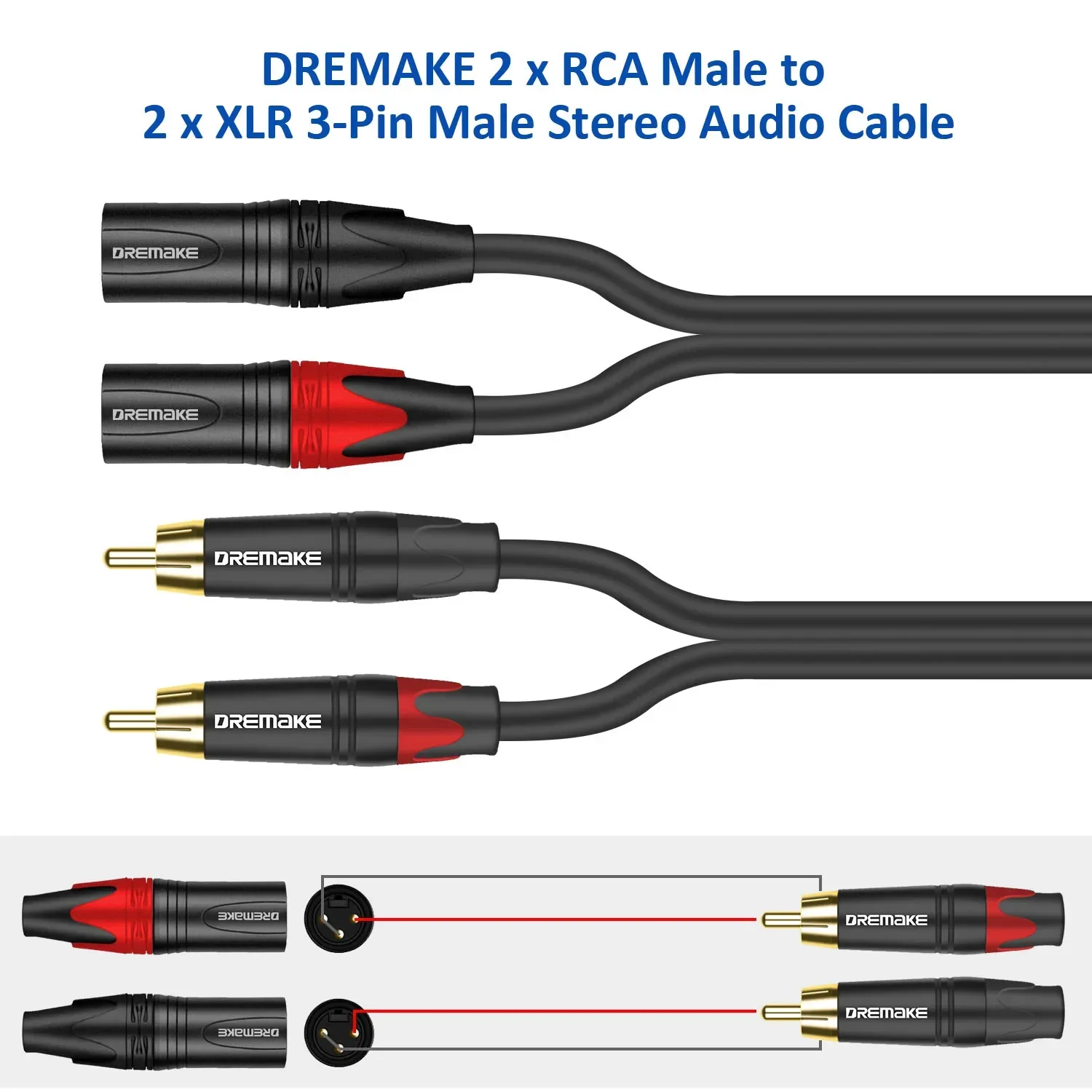 DREMAKE XLR to RCA Audio Cable Dual XLR to Dual RCA Interconnect Cable Double RCA Male to Double XLR Male Mic Connection Cord