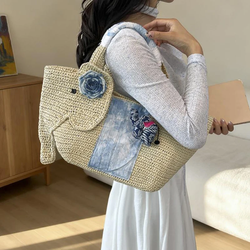 Elefantenförmige Schultertasche, Damen-Raffia-Strohtasche, Sommer-Strand-Urlaubstasche, Modische Chic-Tasche – Detail 11