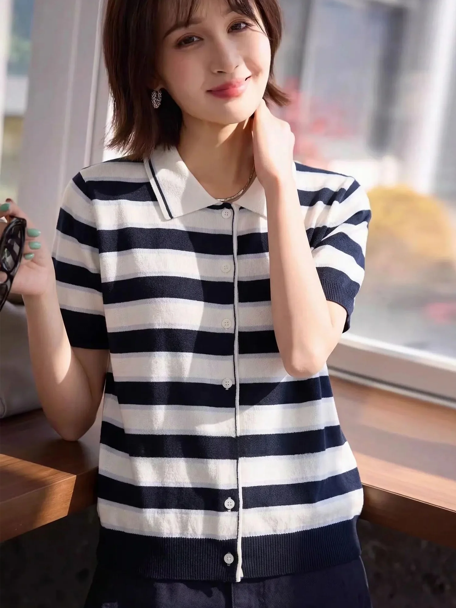 

Chivirin Summer Slim Fit Neck Knitted Cotton Blend Top Women's Short Sleeve Striped Loose Style Fashionable Casual Shirt