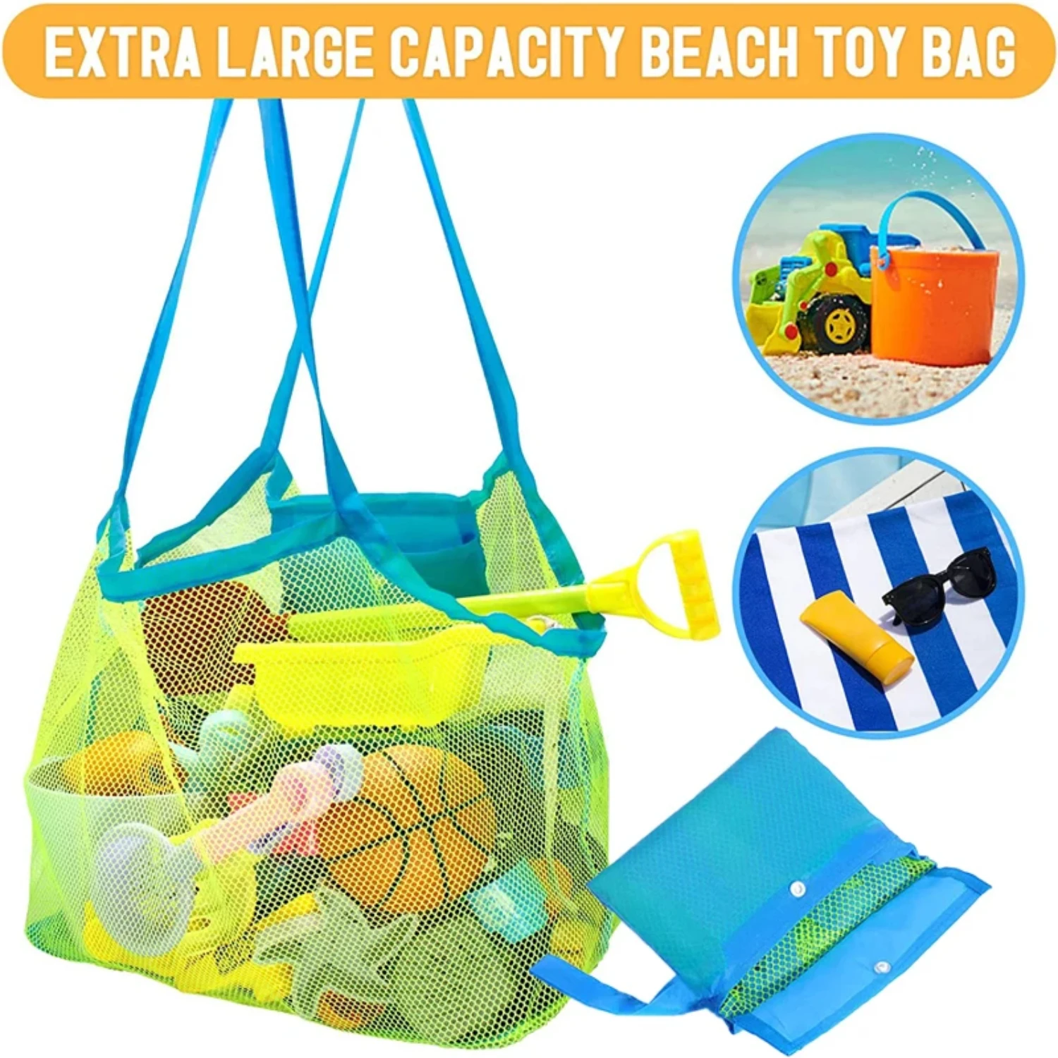 Foldable Portable Outdoor Childrens Mesh Beach Bag for Toys, Clothes, and Sundries - Organize and Keep the Sand Away efficientl