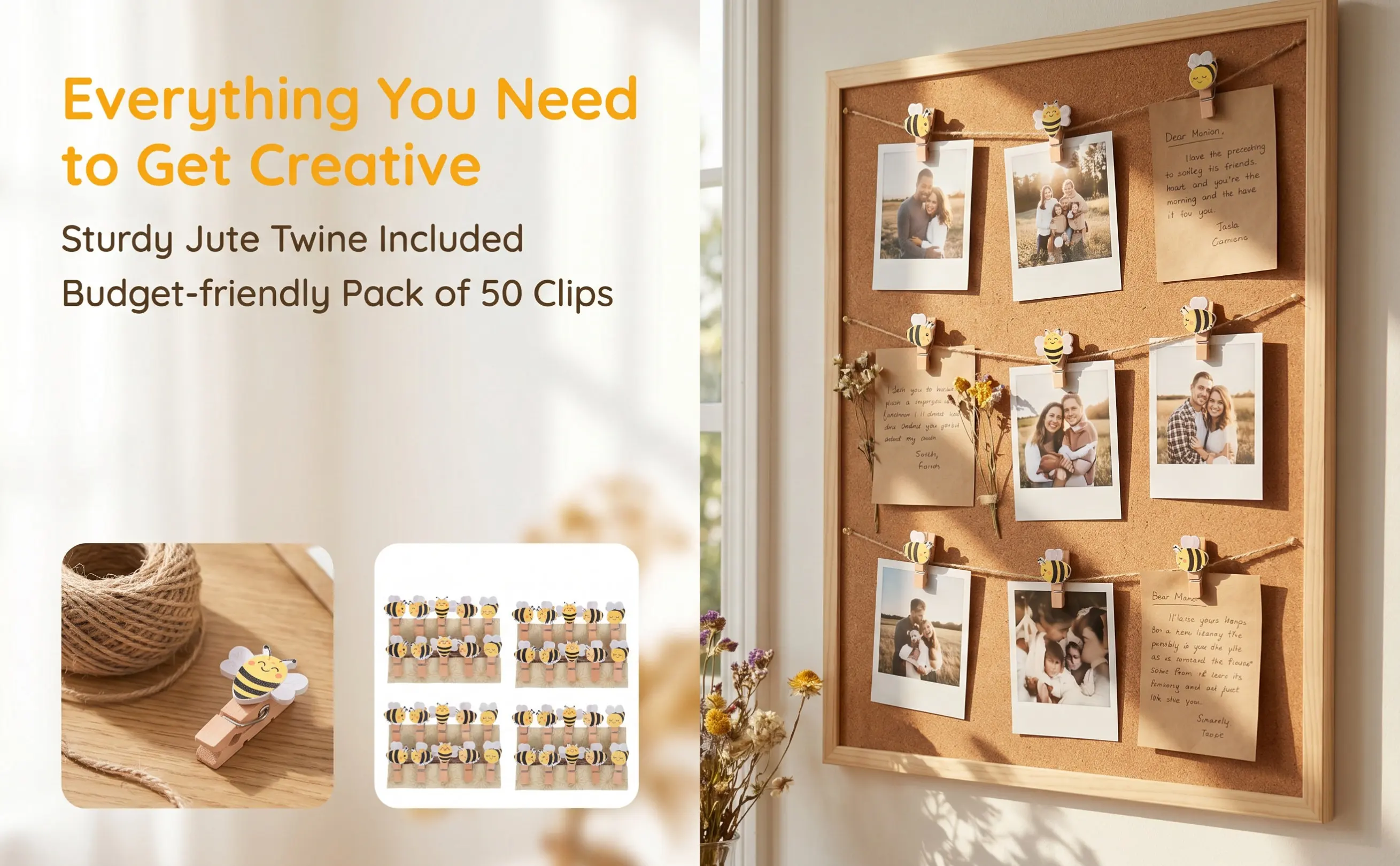 50Pcs Small Bee Wooden Clips Versatile Mini Photo Clips for Childrens Artwork Food Bags Party Decor Crafts Kitchen Organization