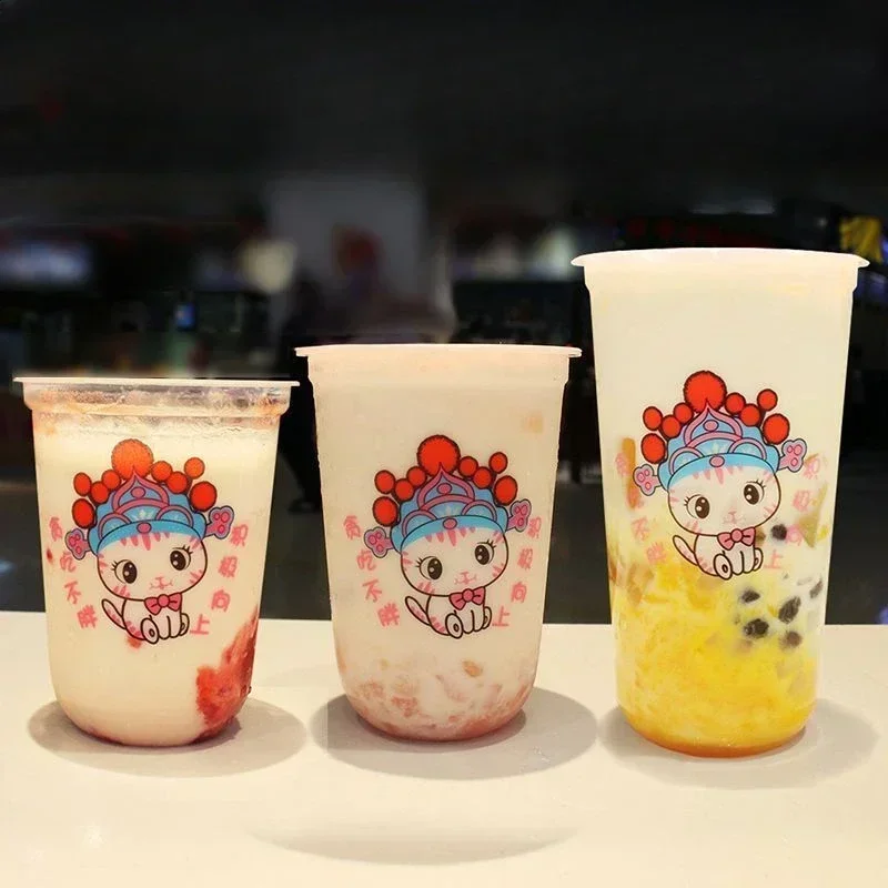 100pcs 90mm Caliber Thick U-shaped Cup Disposable Lidded Beverage Ice Cream Sundae Mug Beijing Opera Cat Pattern Plastic Cups