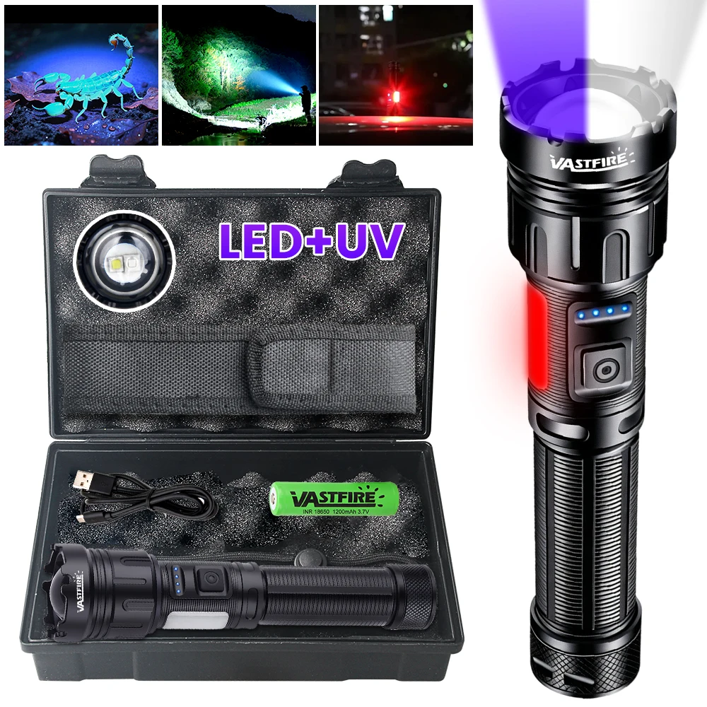 3in1 LED Flashlight with COB Sidelight Rechargeable Magnetic Torch Zoom Waterproof Ultraviolet Light Flashlight for Pets Camping
