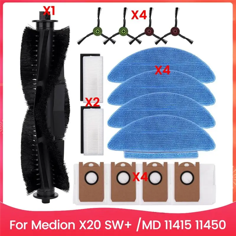 

Запасные части для робота-пылесоса Medion X20 SW+ /MD 11415 11450: основная и боковые щетки, HEPA-фильтр, салфетка для влажной уборки, мешок для сбора пыли - AT64
