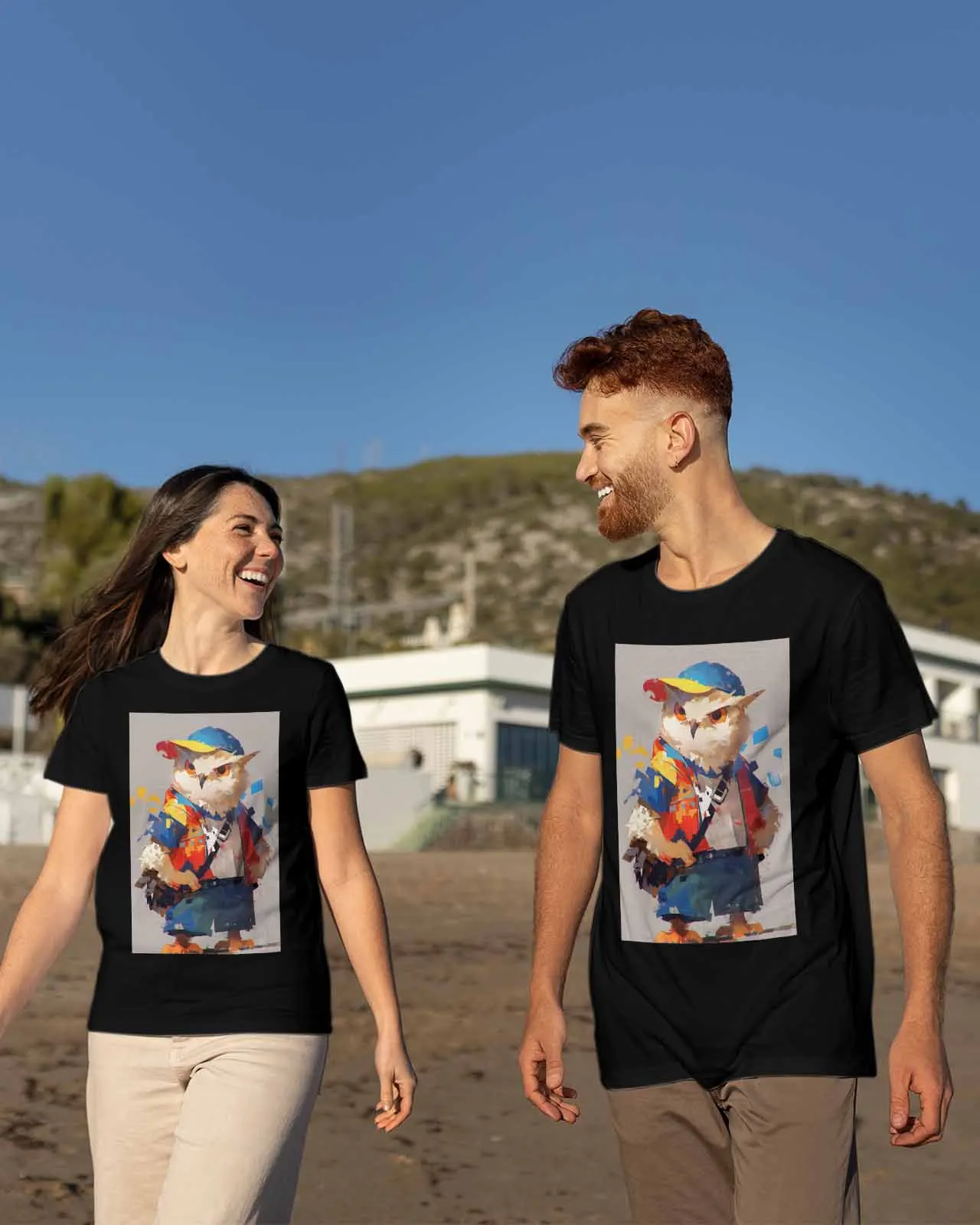 Camiseta de pareja de búhos de dibujos animados, camiseta holgada de manga corta con cuello redondo para amantes, camiseta de moda para mujer y hombre