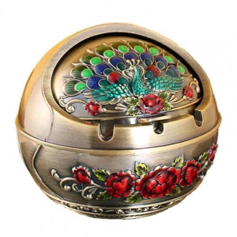 Creative Household Office Ancient Colored Peacock Shaped Metal Unique Ashtray Living Room Decoration Handicraft Round Ashtray