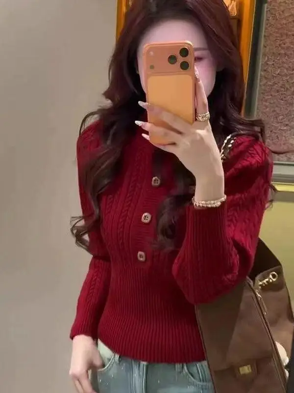 Retro round Neck Knitted Slim Fit Short Sleeve Women's Base Shirt Long Sleeve Autumn Winter Design Sense Inner Wear Top