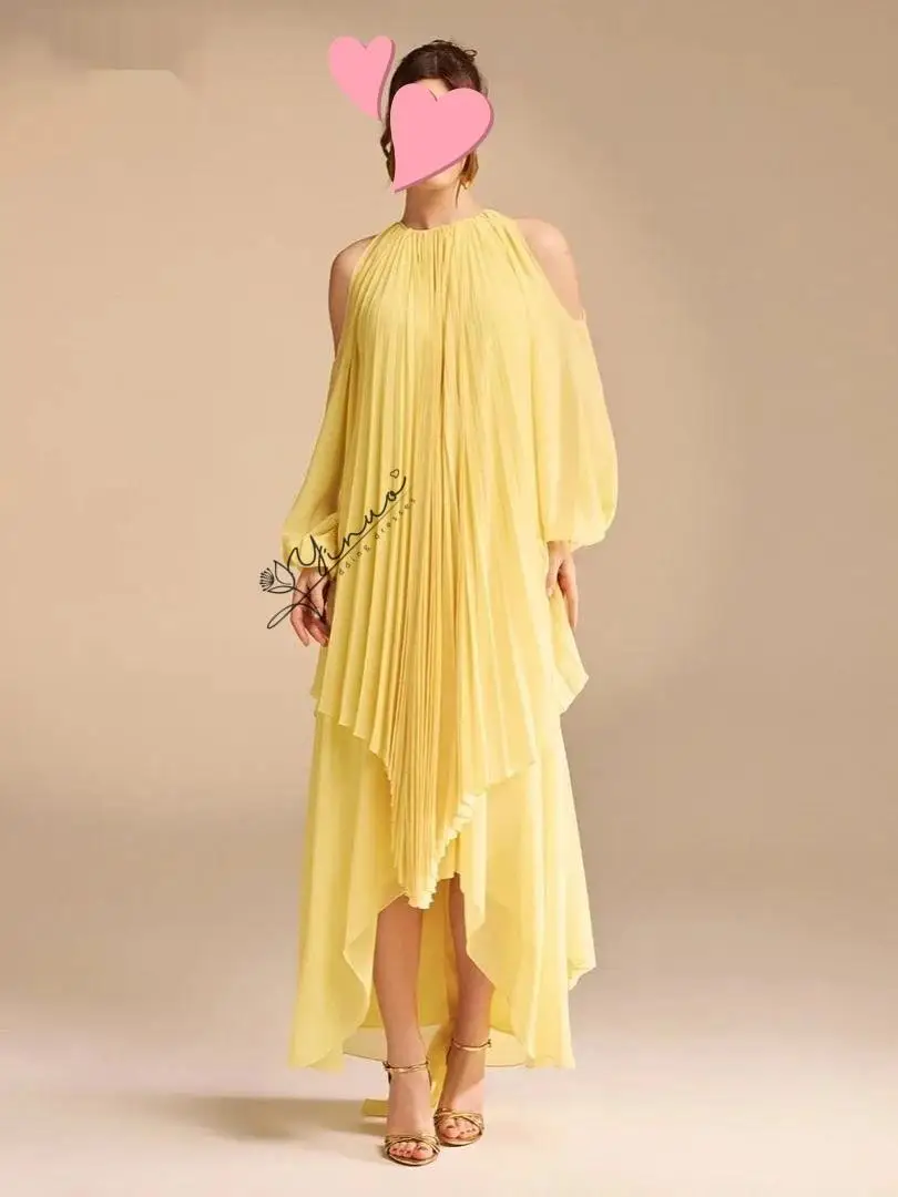 

customized Elegant Vintage Sweet Simple Yellow Ruffle Asymmetrical Customize Formal Occasion Prom Dress Evening Party Gowns