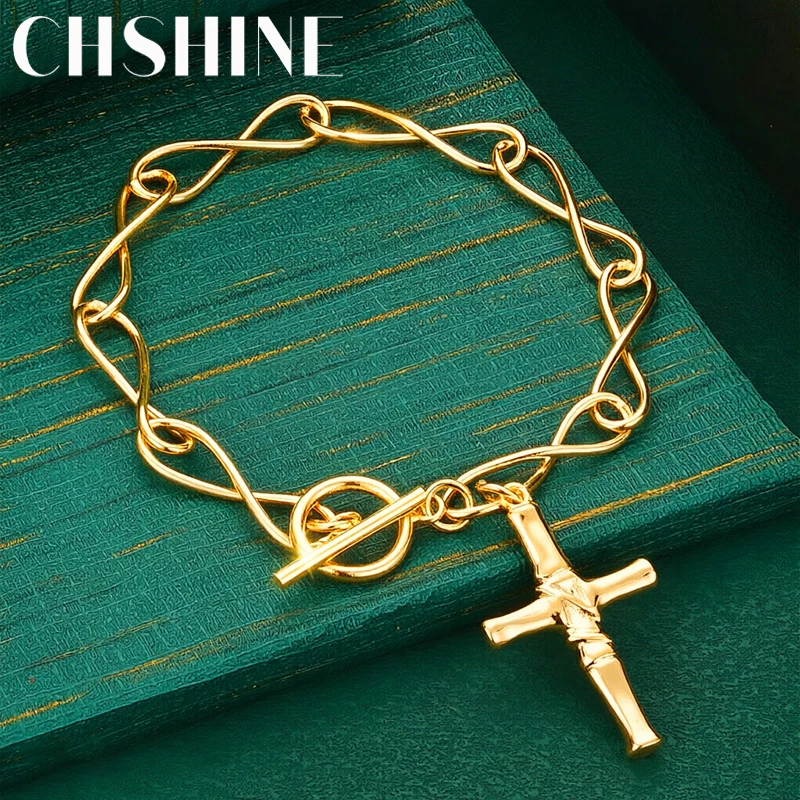 925 Sterling Silver 18K Gold  Infinity Twist Link Bracelet Toggle Clasp Cross Charm Women Fashion Wedding Party Jewelry