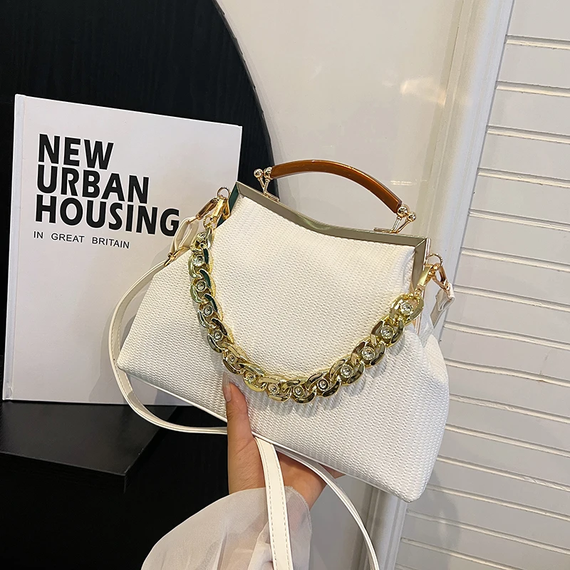 fashion Clutch bag Thick gold chain handbag for women 2023 Solid color graceful fashion Clamp of metal shoulder crossbody bag