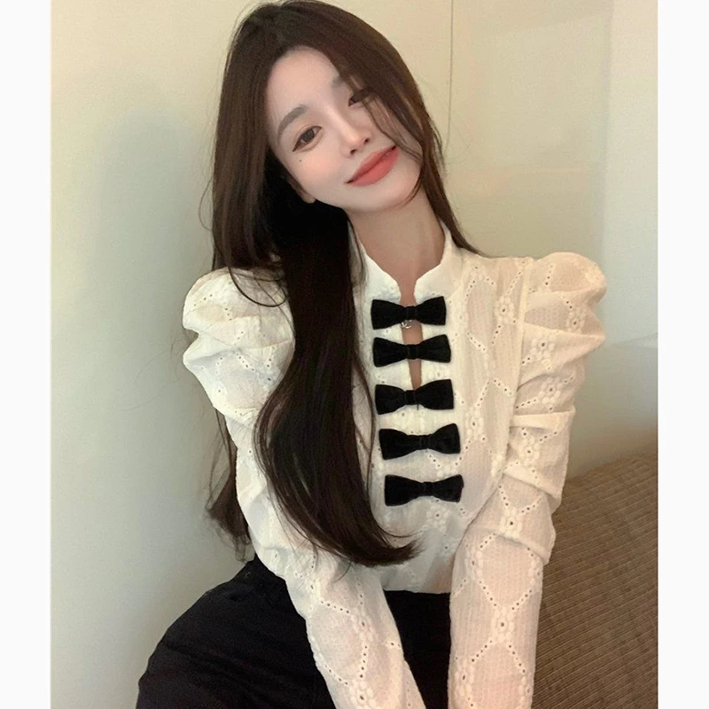 Y2K Women White Shirt Korean Elegant Bow Hollow Out Stand Collar Female Blouse Spring New Chic All Match Long Sleeve Ladies Tops